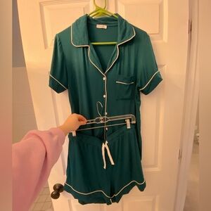 Women’s Teal Short Pajama Set with White Piping